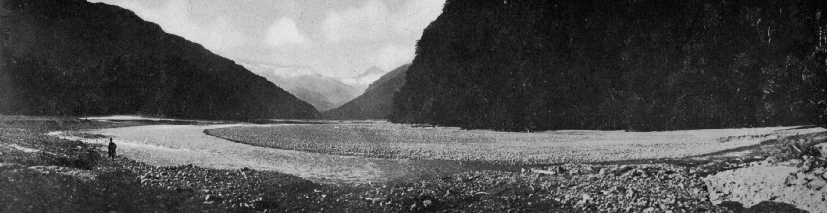 The Dart River at the head of lake Wakatipu, a source of the grey-green inanga or "whitebait"...