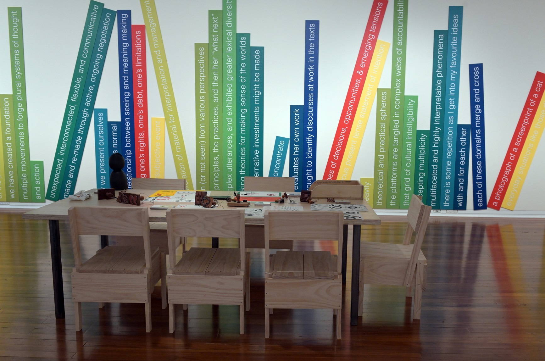 Emily Floyd’s Enzo Mari furniture created for the making space at her exhibition at the Dunedin...