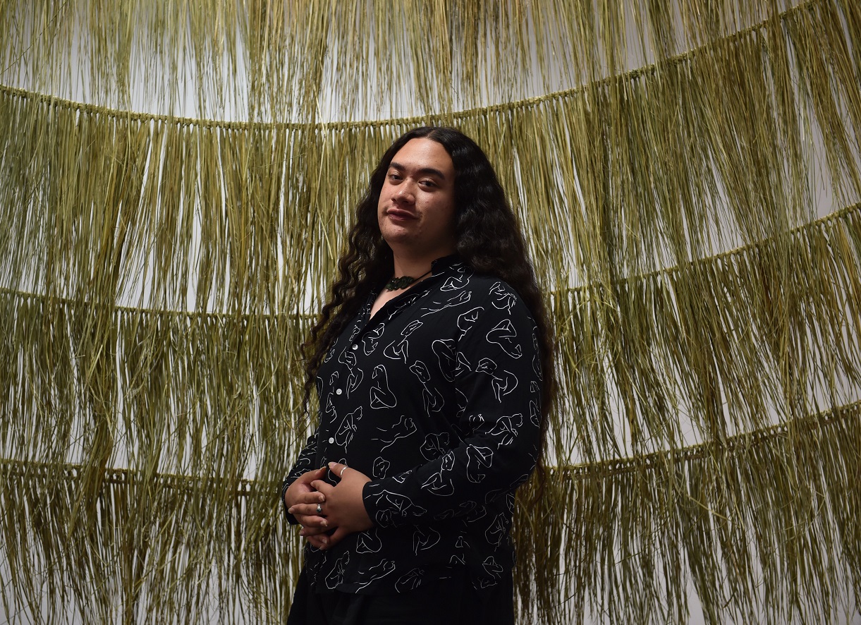 Isaiah Okeroa wove this flax screen for his projection. Photo: Gregor Richardson