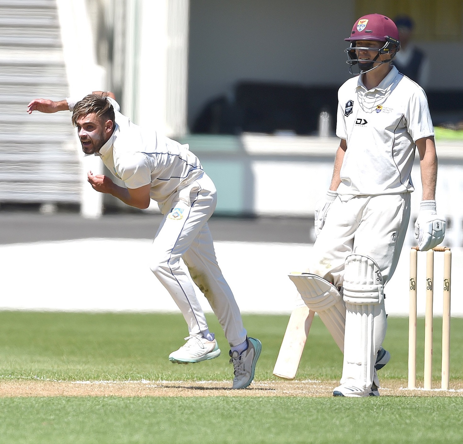 Otago Volts bowler Michael Rippon sends one down as Northern Districts batsman Scott Kuggeleijn...