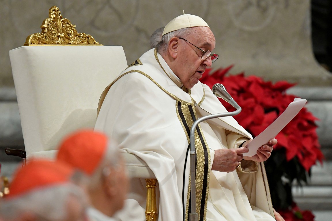 Pope Francis celebrates Christmas Eve mass in St. Peter's Basilica at the Vatican. Photo: Vatican...