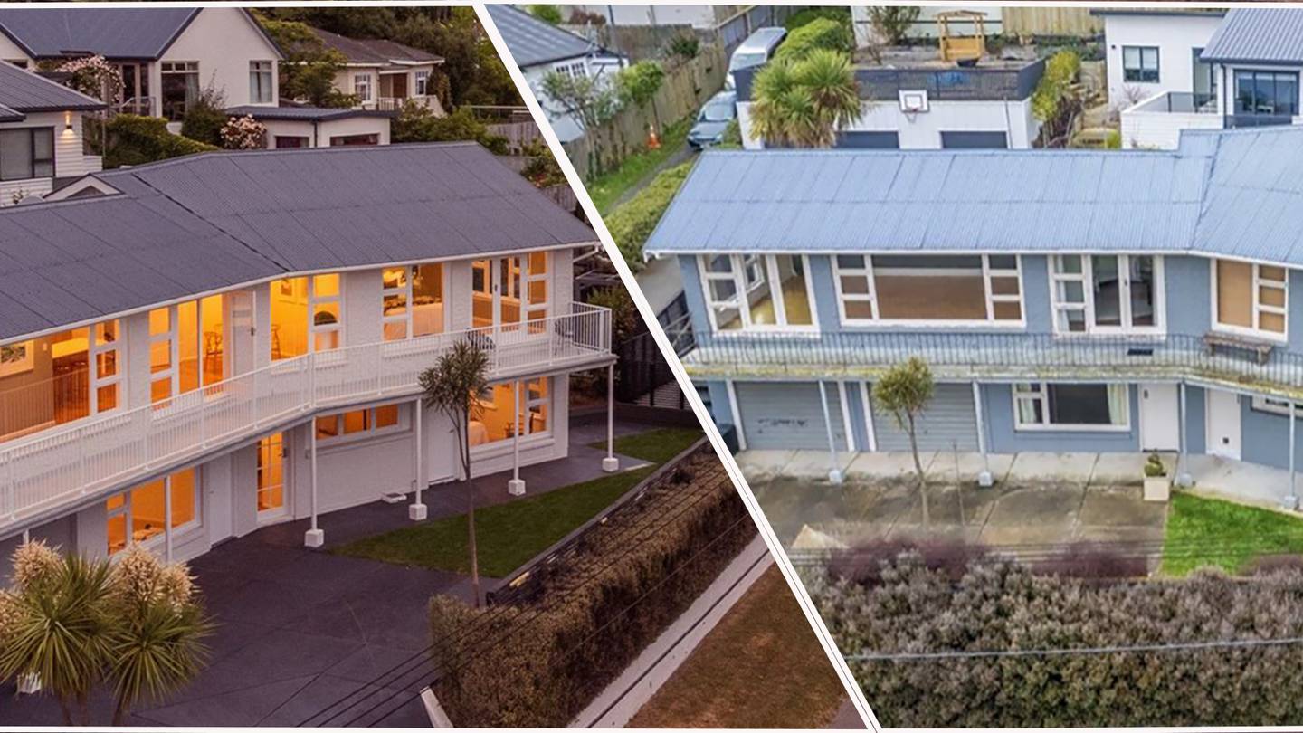 The exterior of 19a Vernon Terrace, St Martins, Christchurch before (right) in August 2022 and...