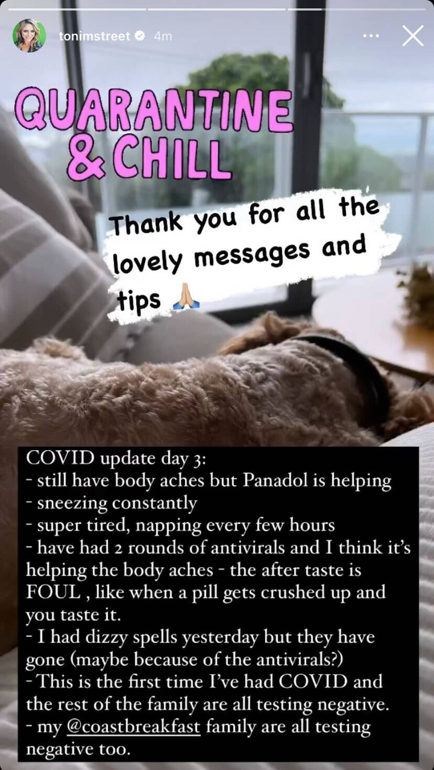 Street gave an update to fans this morning. Photo: Instagram