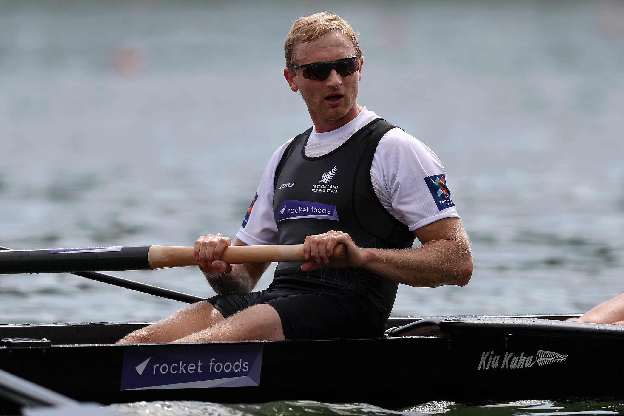 Hamish Bond in action with the New Zealand men’s eight at the 2019 World Rowing Championships in...