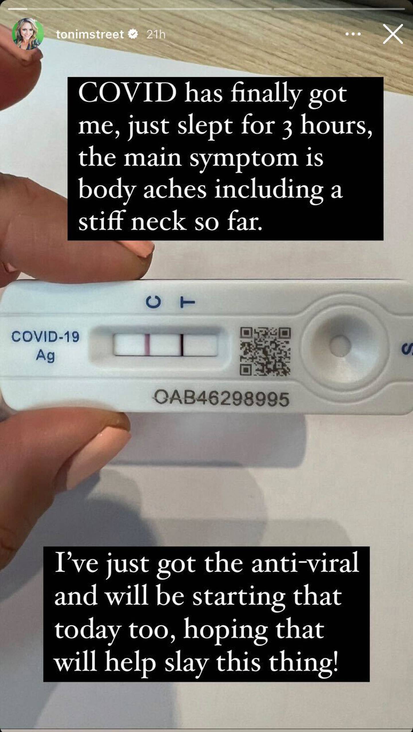 Toni Street revealed in an Instagram story that she tested positive for Covid. Photo: Instagram