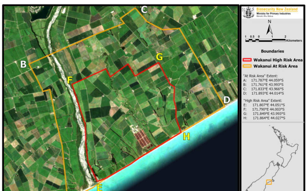 The Controlled Area Notice defines two areas in Wakanui – a high-risk area (red) and at-risk area...