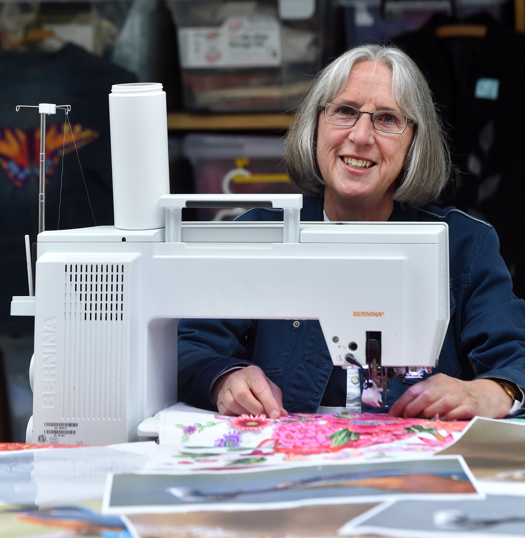 Mary Jane Sneyd uses basic stitches on her sewing machine to create her works.