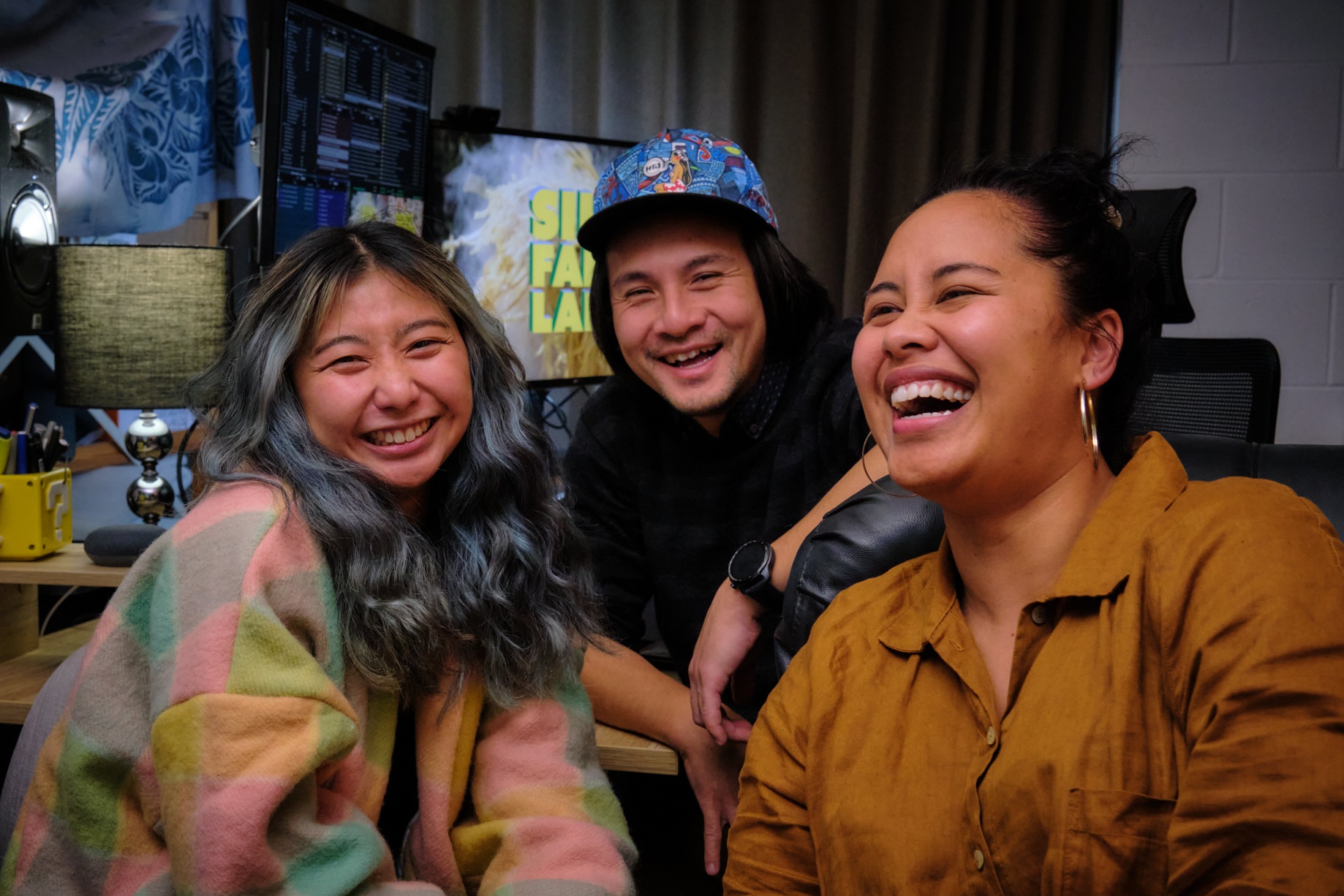 Sik Fan Lah! writer Jack Woon, centre, with producers Jess Wong, left, and Abba-Rose Vaiaoga-Ioasa.