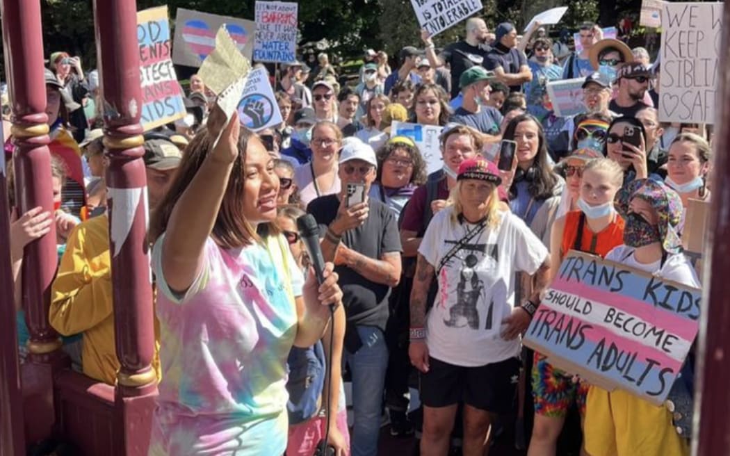 Green Party co-leader Marama Davidson speaking at the counter-protest against Posie Parker at...
