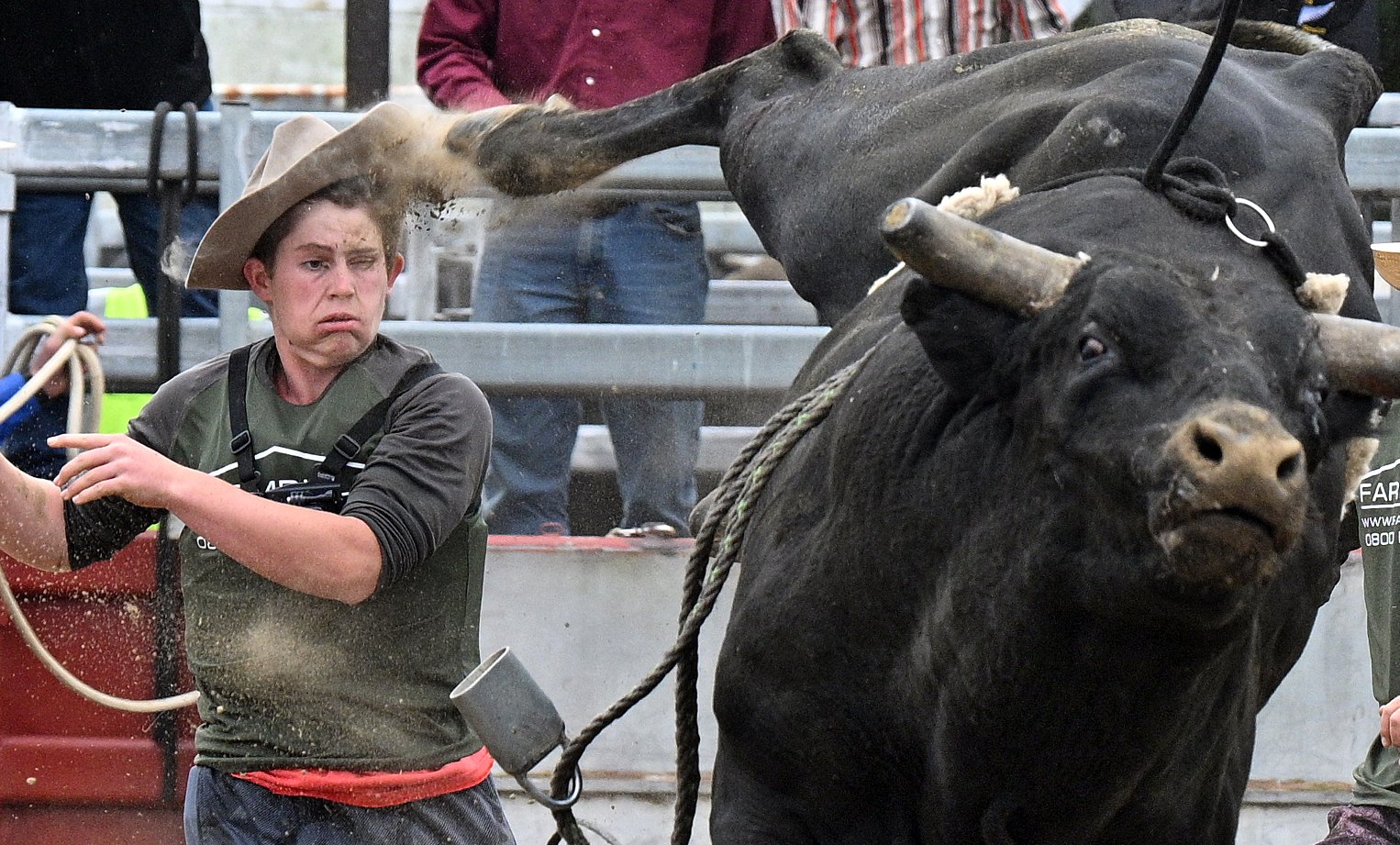 Kaikoura bull fighter Claude Armstrong receives a black eye from bull On Ice at the 2023 National...
