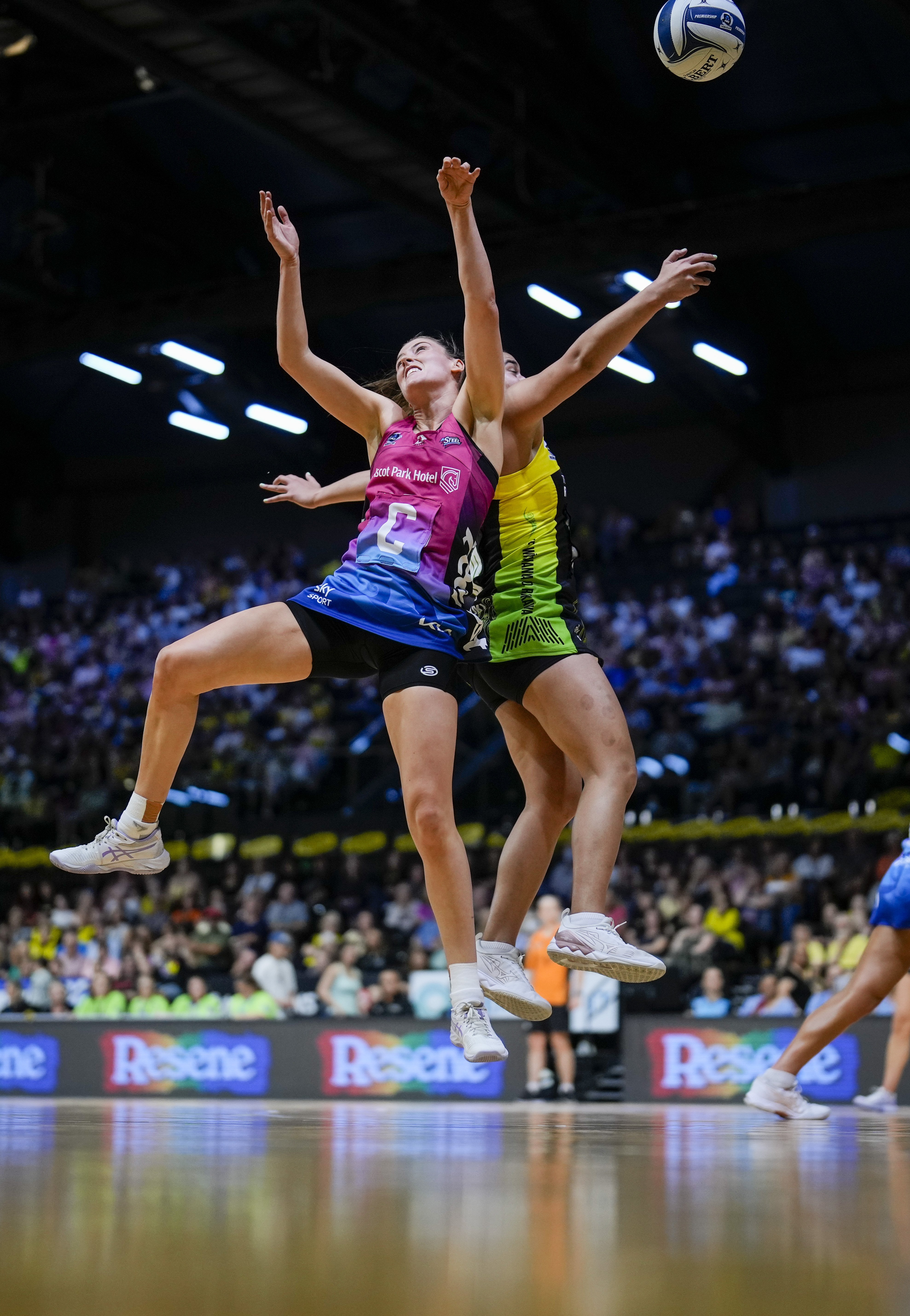 Southern Steel centre Kate Heffernan (left) goes for the ball in the air against Central Pulse...