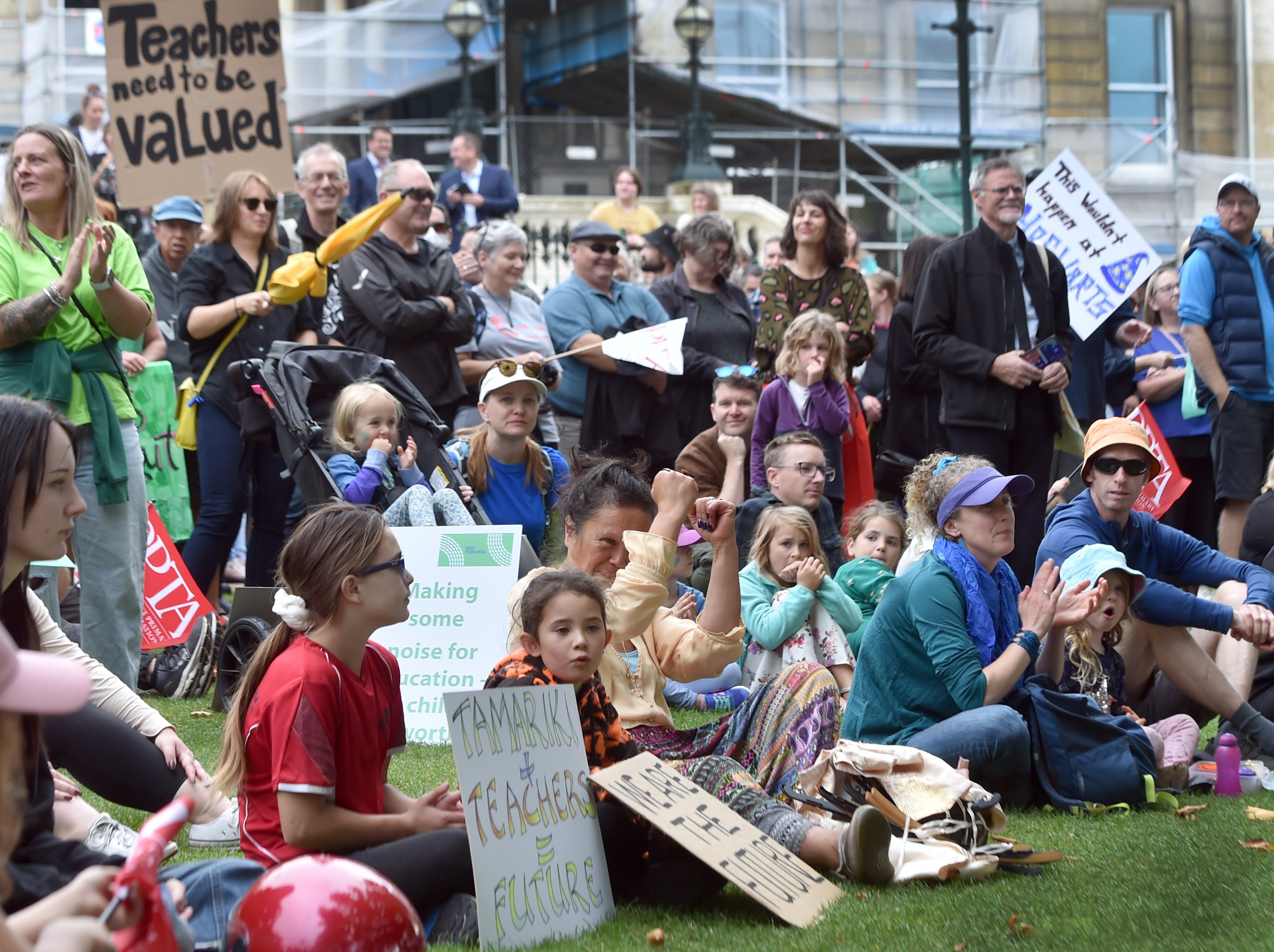 Teachers strike for better work conditions and pay in the Octagon yesterday. PHOTO: PETER MCINTOSH