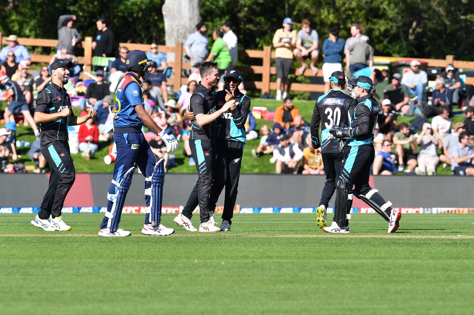 New Zealand's Adam Milne celebrates taking his fifth wicket against Sri Lanka. Photo: Stephen...
