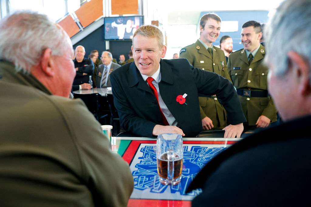 Prime Minister Chris Hipkins mingles at the Upper Hutt Cosmopolitan Club after attending dawn service on Anzac Day. Photo: Getty Images