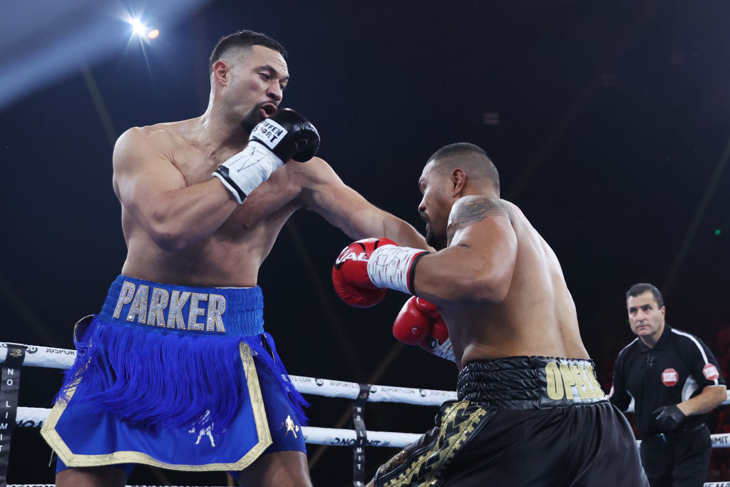 Joseph Parker (L) in action against Faiga Opelu at Margaret Court Arena in Melbourne. Photo: Getty Images