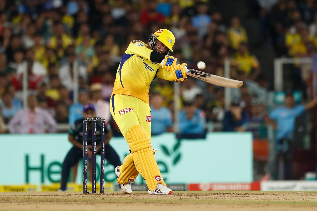 Devon Conway in action for the Chennai Super Kings against the Gujarat Titans at Narendra Modi Stadium in Ahmedabad, India. Photo: Getty Images