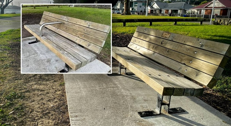 A bench on Hardinge Rd, Ahuriri, Napier after a metal bar was removed and (inset) with the metal...