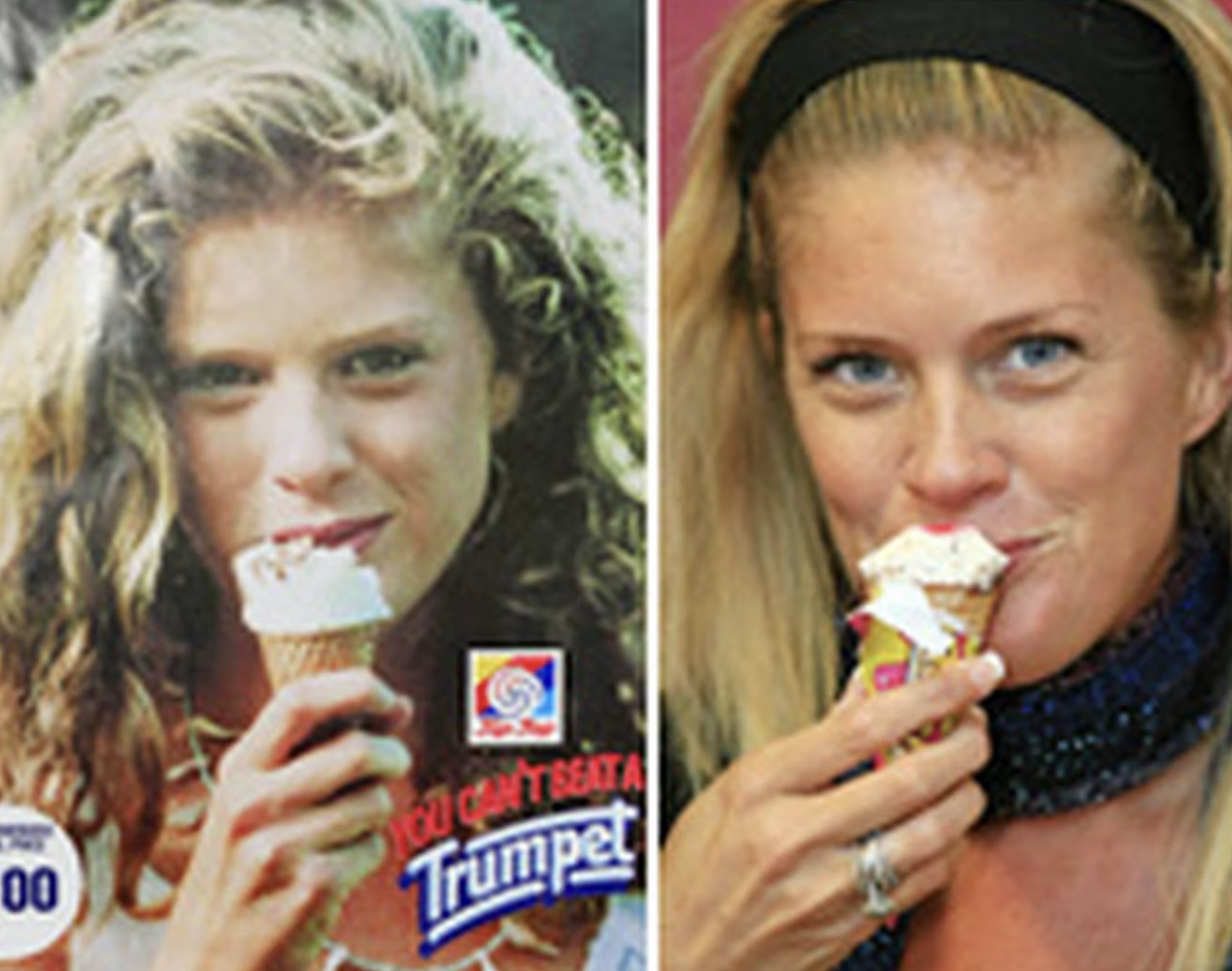 Rachel Hunter in the ad that helped propel her to stardom, and yesterday with the latest Trumpet...