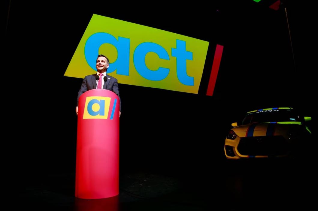 Act Party leader David Seymour made a showy entrance to the conference, driving on to the stage...