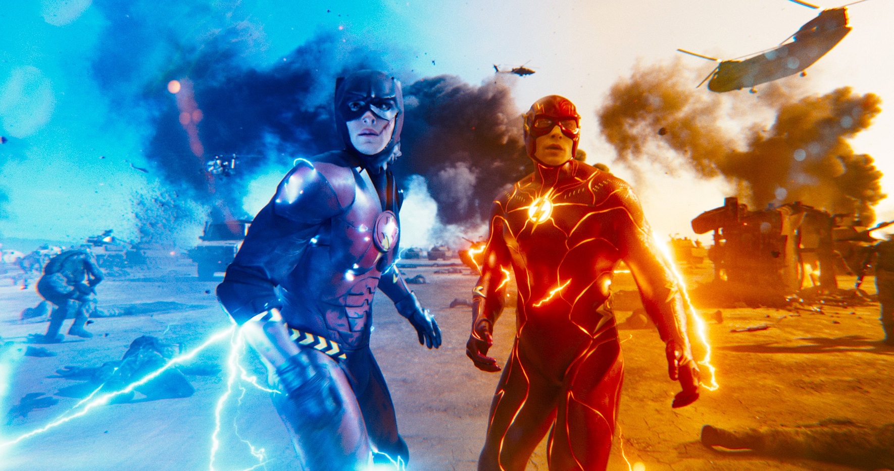 Two versions of The Flash (Ezra Miller) join a battle for Earth. Photo: TNS