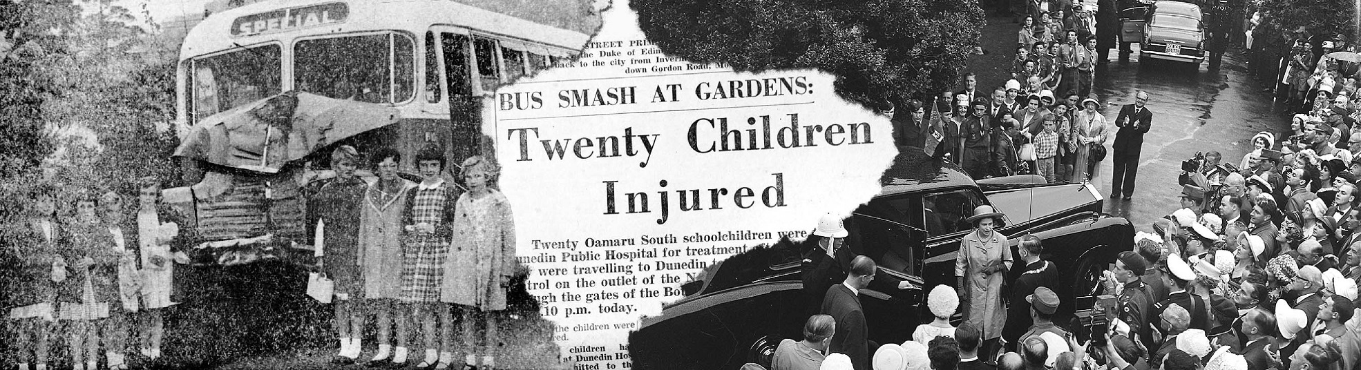 Some of the Oamaru children from the crashed bus. Right: The Queen and Prince Philip attend a...