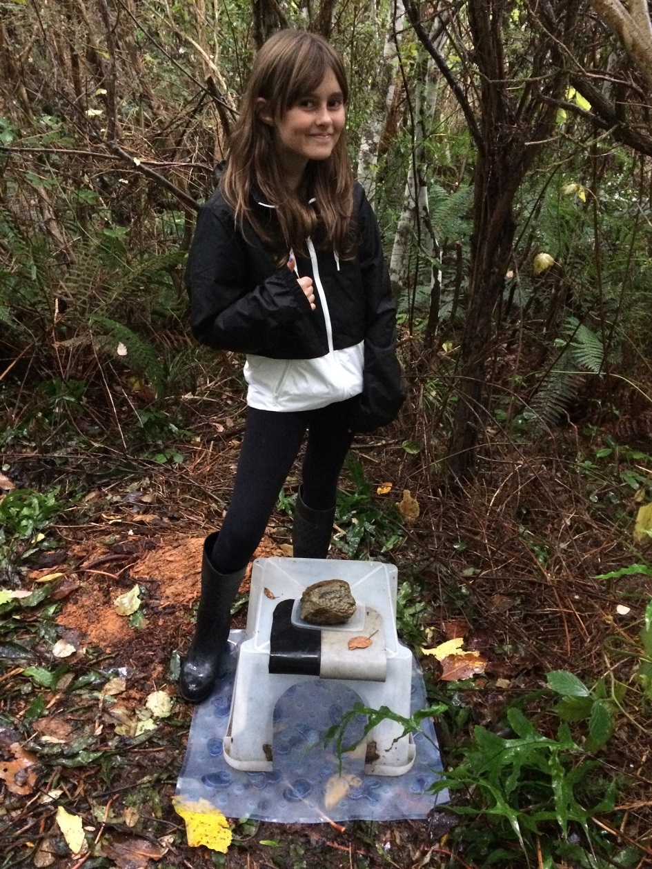 Barbara Johnson's granddaughter with kiwi feeding box. Photo: Barbara Johnson