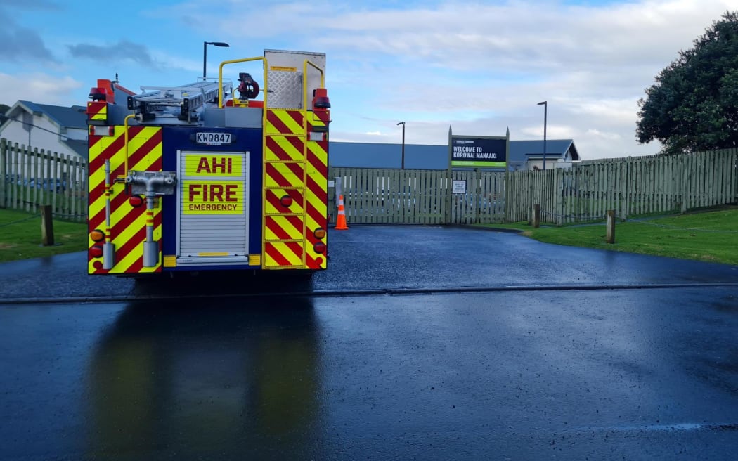 A fire truck stationed outside Korowai Manaaki Youth Justice Residence in Wiri, on Sunday morning...