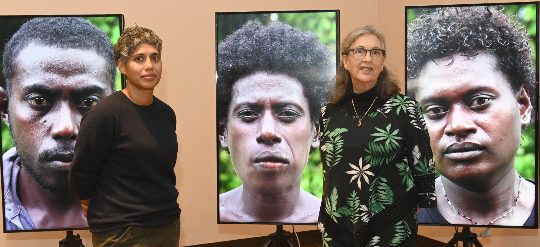 Taloi Havini (left) and her mother Marilyn place video screens showcasing their home and people...