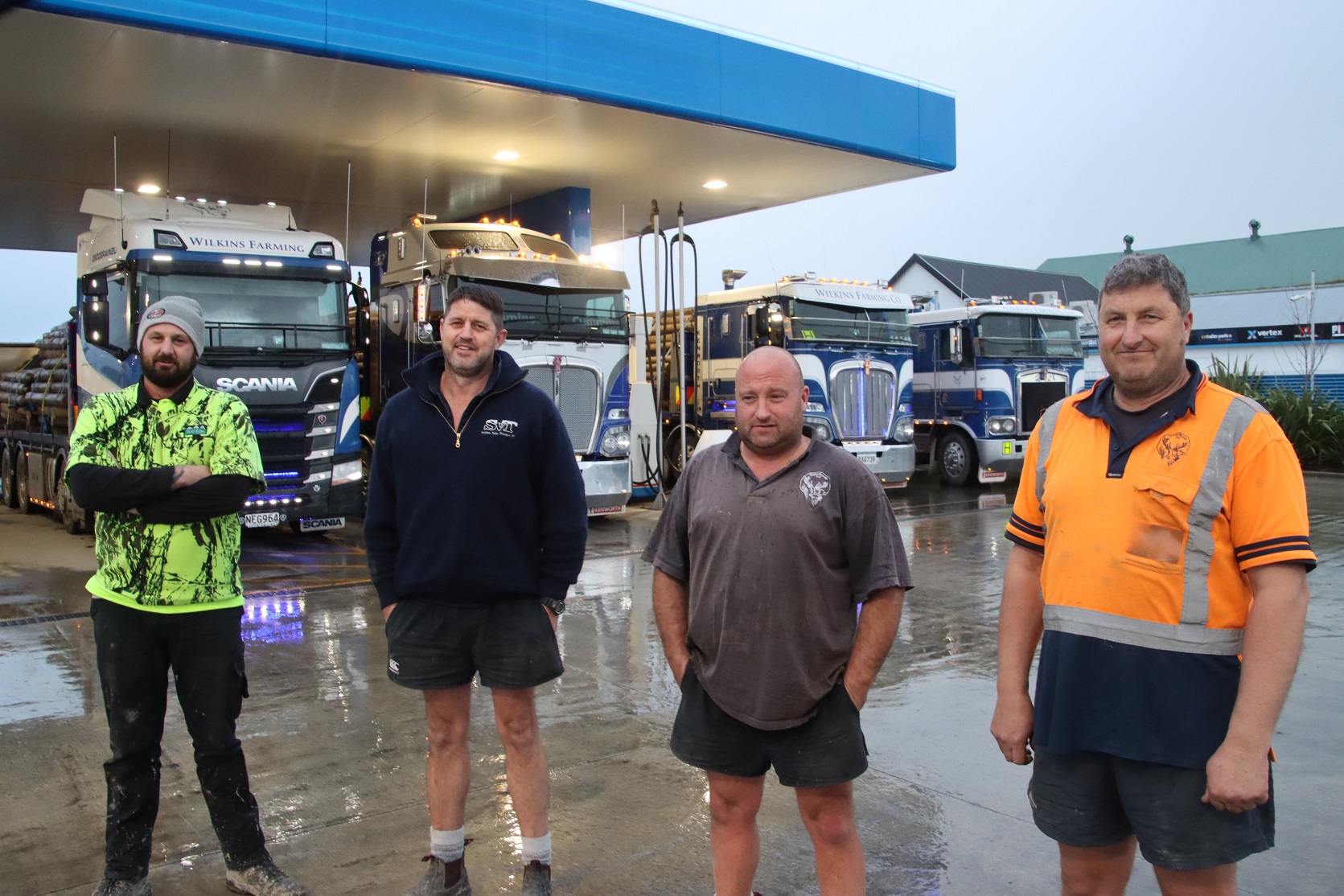Getting ready to transport 3000 deer-fence posts to Hawke’s Bay recently are (from left) Wilkins...