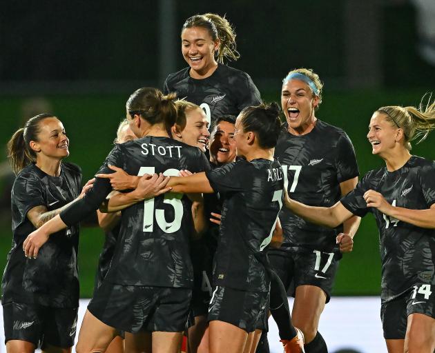 The Football Ferns celebrate a goal during their win over Vietnam in Napier, the final...