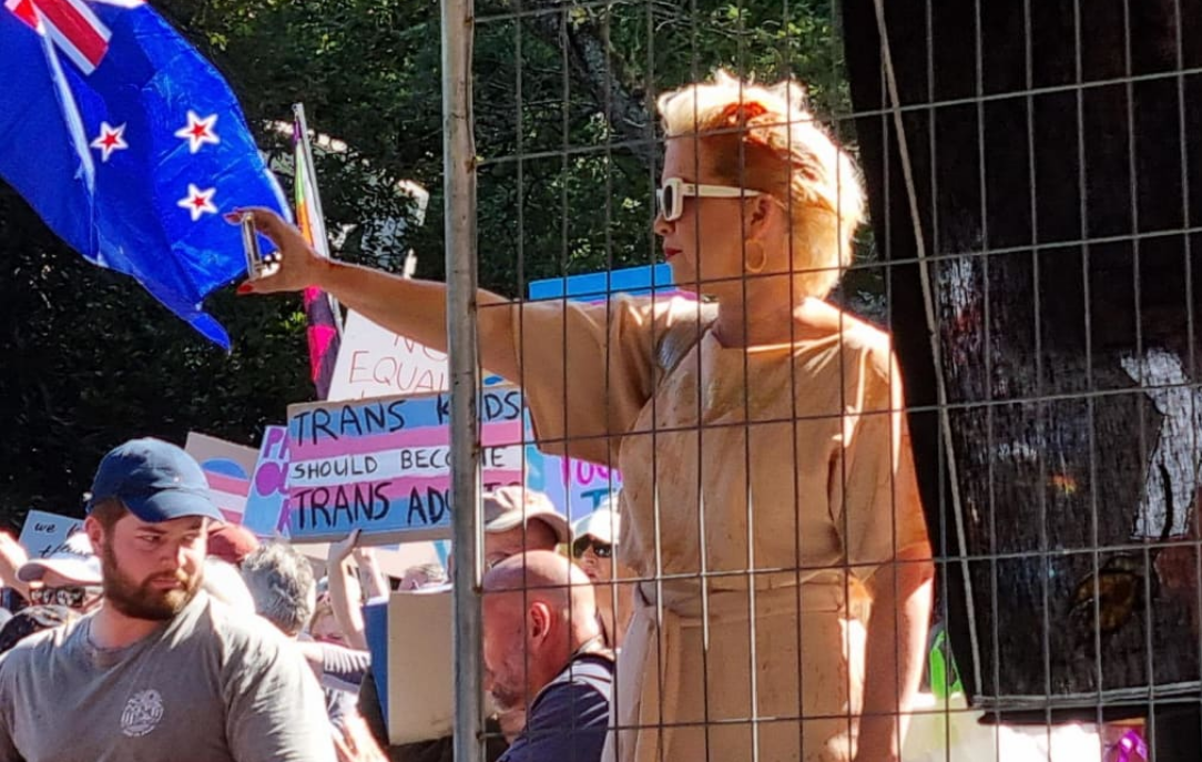 Posie Parker at the rally in the Auckland suburb of  Mt Albert on March 25. Photo: RNZ