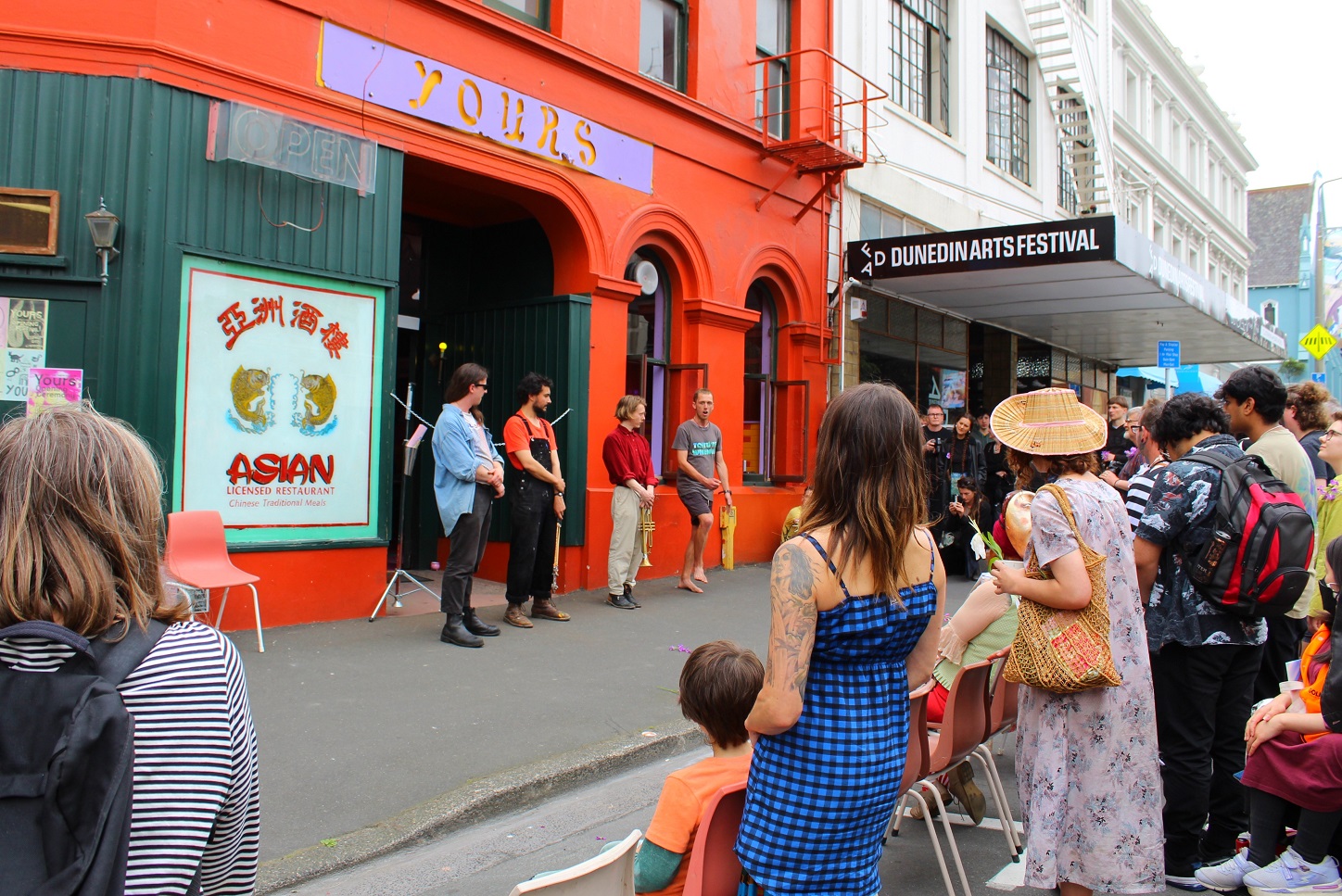 Gathering during the mihi whakatau at the official opening of Yours on Moray Place are (from left...