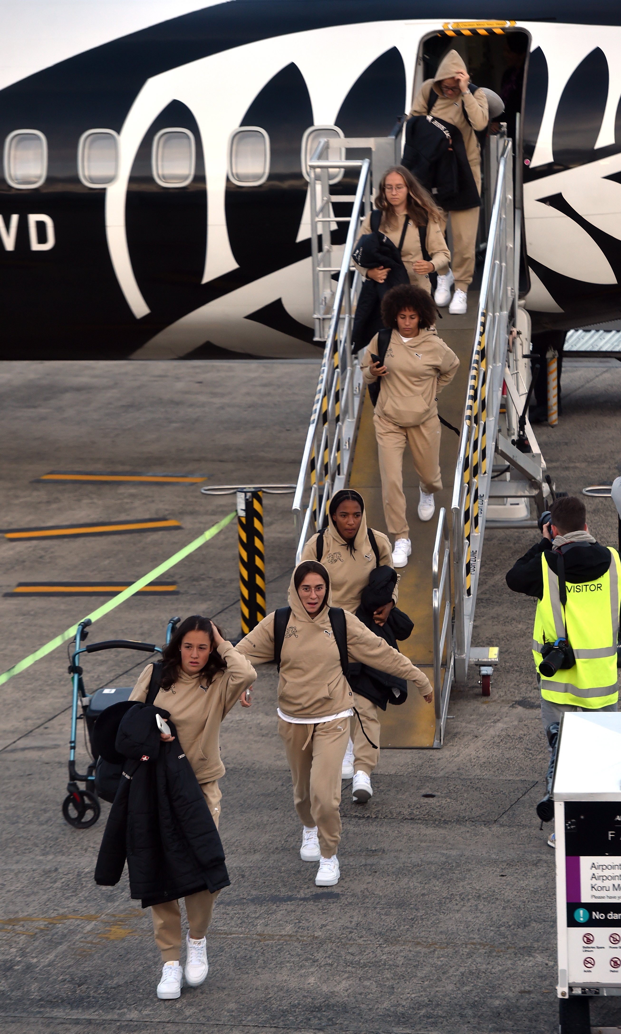 Members of the Switzerland football team arrive at Dunedin Airport for the Fifa women’s...