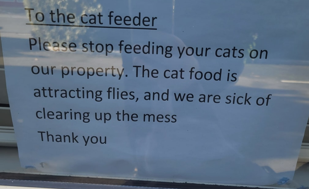 Bishopdale Medical Centre has put up a sign addressed to the cat feeder, asking them to stop...