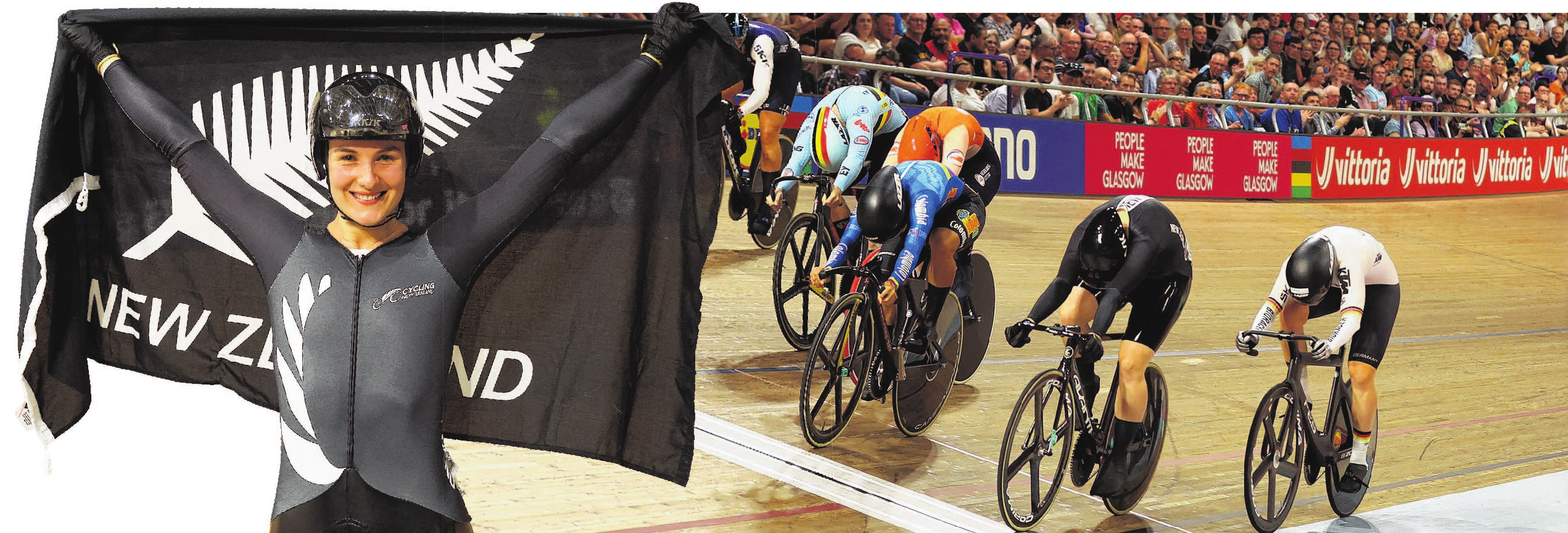 New Zealand cyclist Ellesse Andrews celebrates her maiden win at the keirin event at the World...