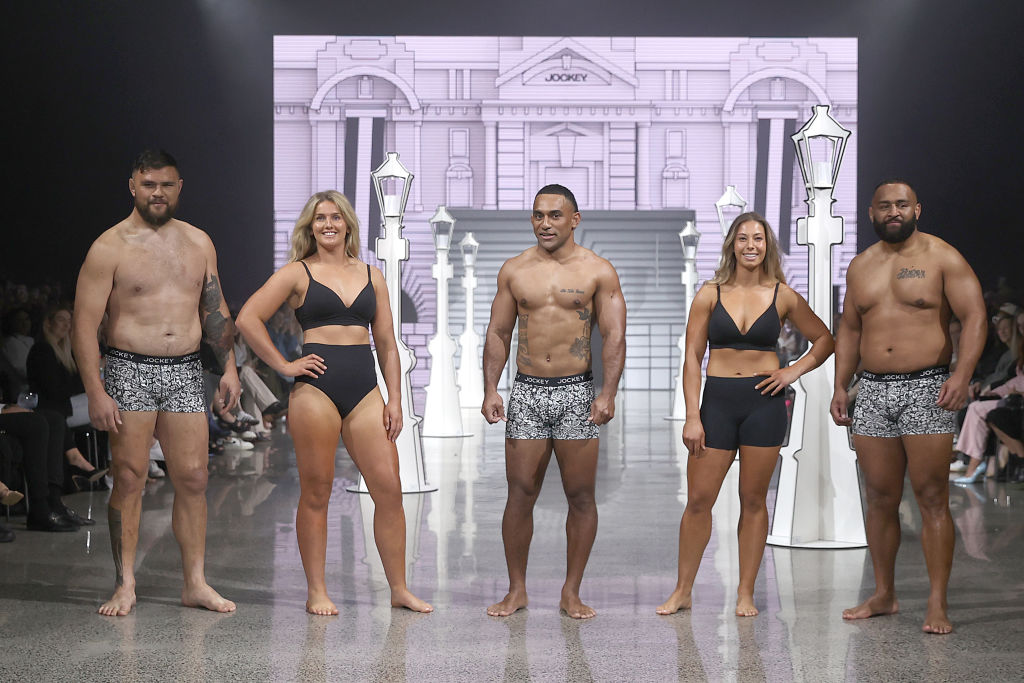 Angus Ta'avao, Alana Bremner, Sevu Reece, Amy du Plessis and George Bower on the runway for...