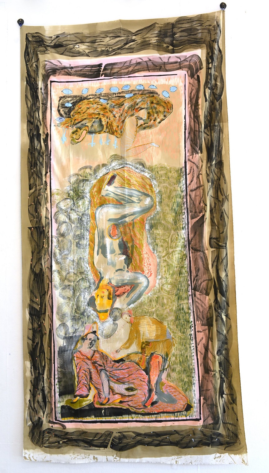 A hand-painted silk wall-hanging by artist Nichola Shanley.