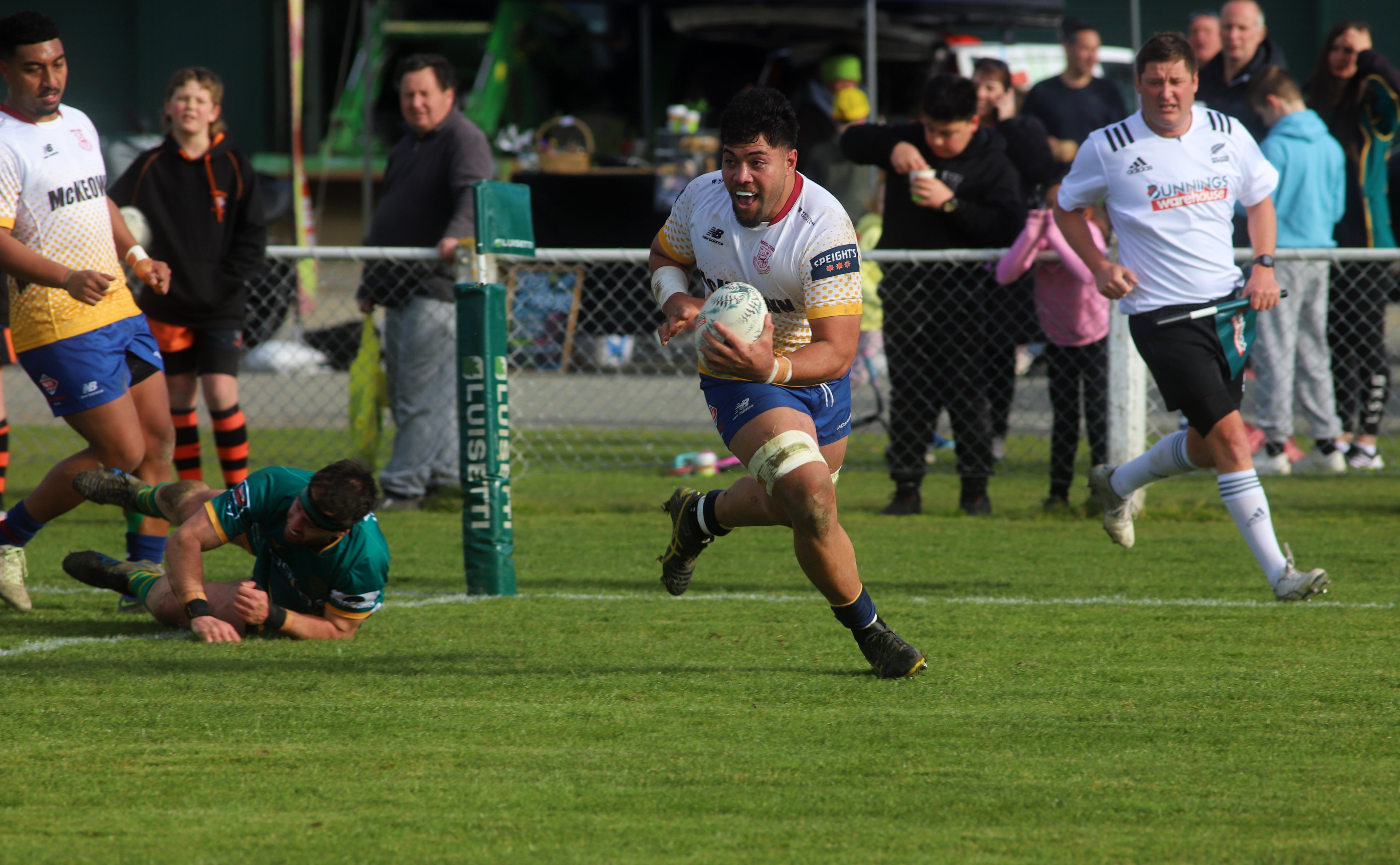 North Otago No 8, Junior Fakatoufifita, on the charge against Mid-Canterbury in the Heartland...