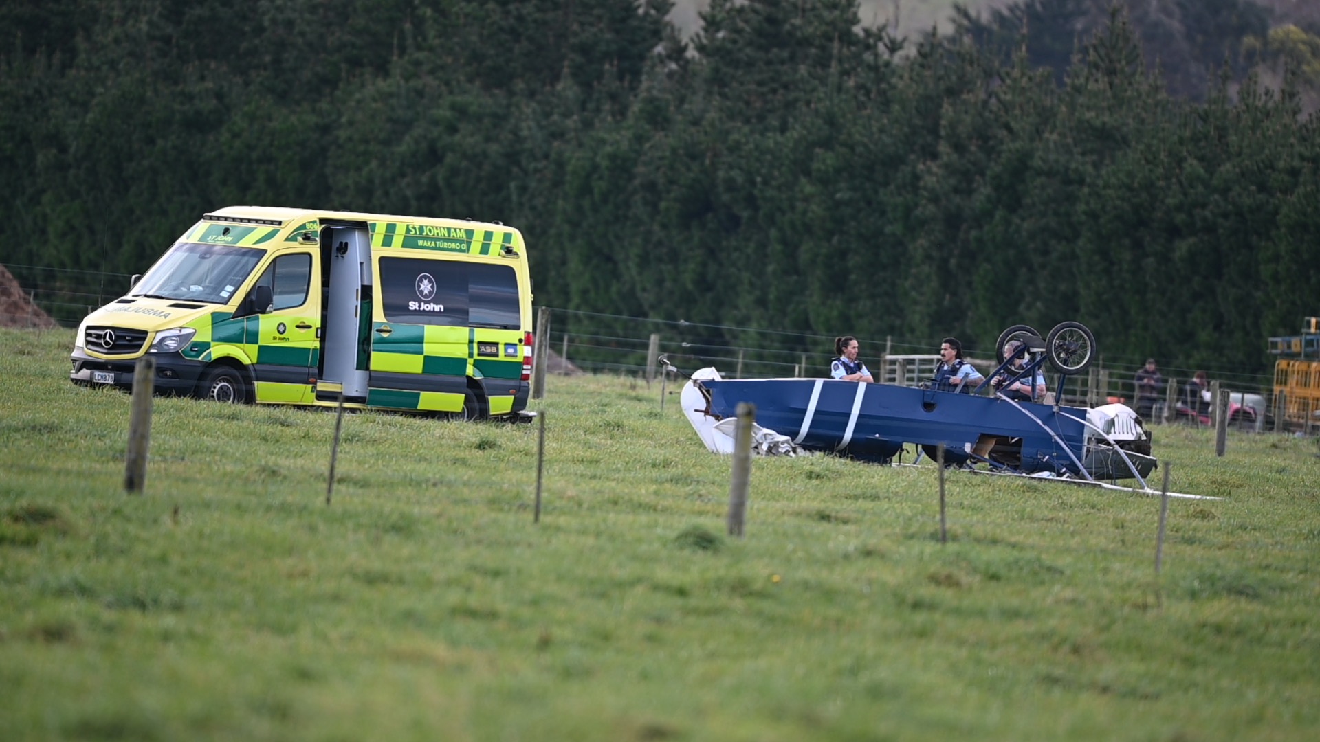 Emergency services at the scene of a plane crash near the Otago Aero Club in North Taieri. Photo:...