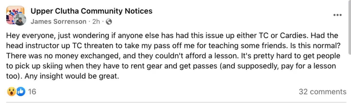 Sorrenson's post caused a stir on the Upper Clutha community Facebook group.