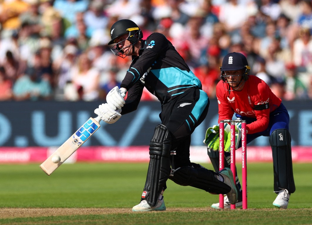 Finn Allen hits out on his way to 83 for New Zealand against England. Photo: Reuters