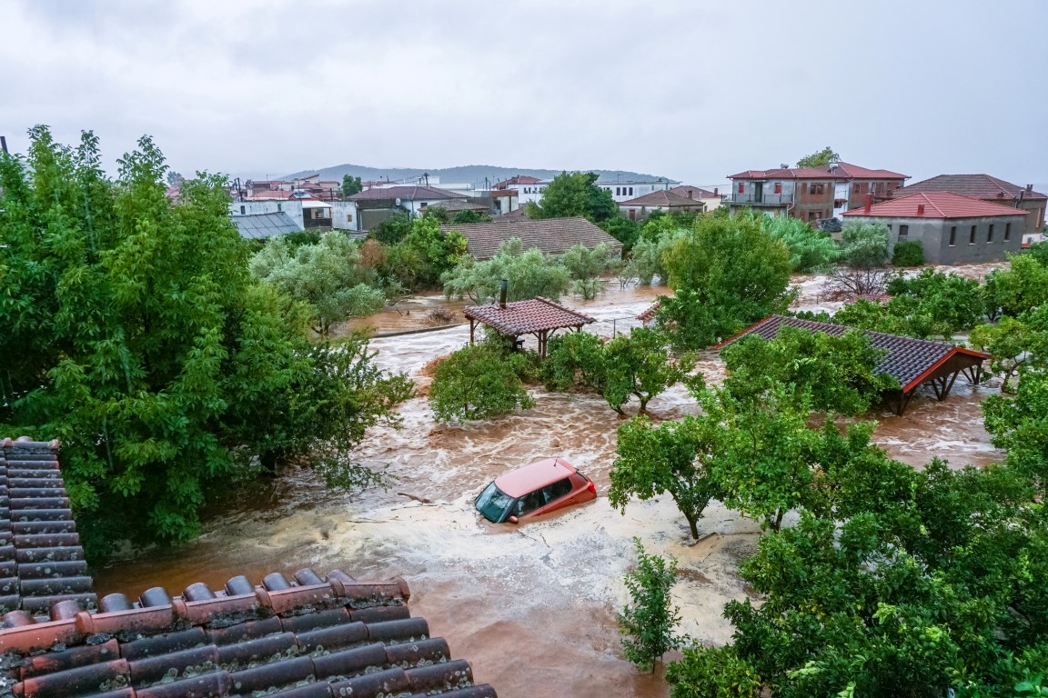 A car is swamped by floodwaters during a storm in Pelion, near Volos, Greece. Photo: Thanassis...