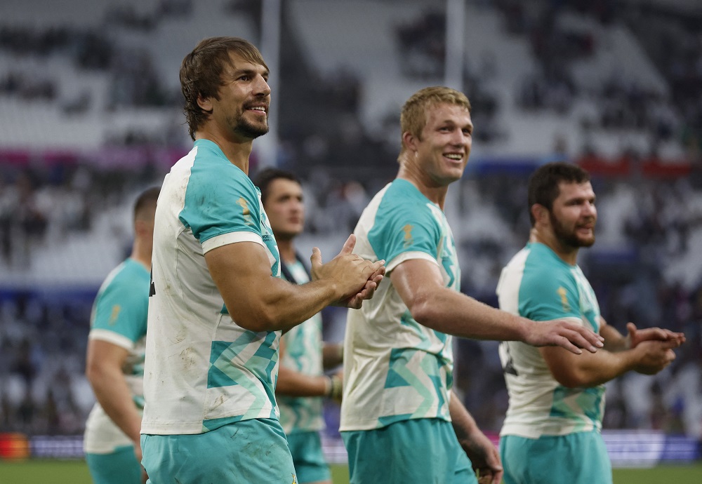 South Africa's Eben Etzebeth and teammates celebrate after winning their World Cup match against...