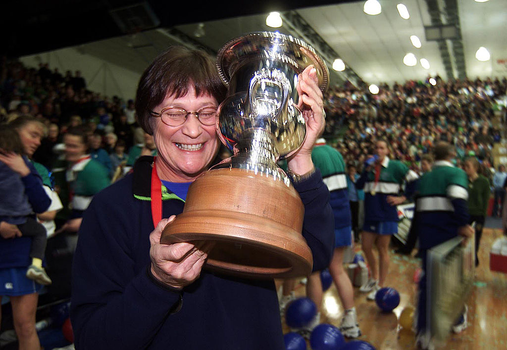 Southern Sting coach Robyn Broughton with the trophy after the team beat the Canterbury Flames 47-44 in the Coca Cola Cup netball final in 2001. Photo: Getty Images