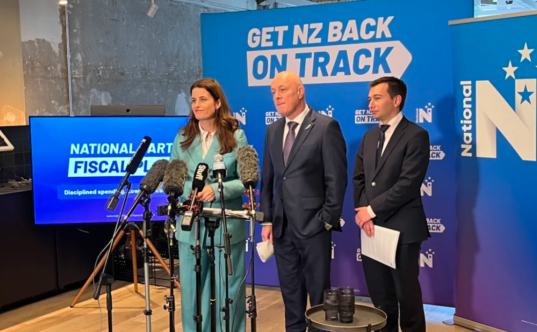 National Party leader Christopher Luxon (centre) finance spokesperson Nicola Willis and Simeon...