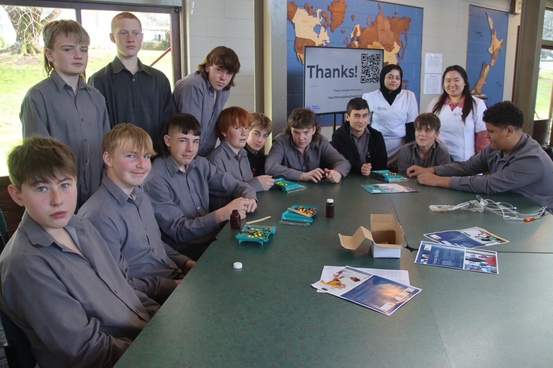 St Peter’s College pupils use lollies to learn more about sorting pills during a workshop led by...