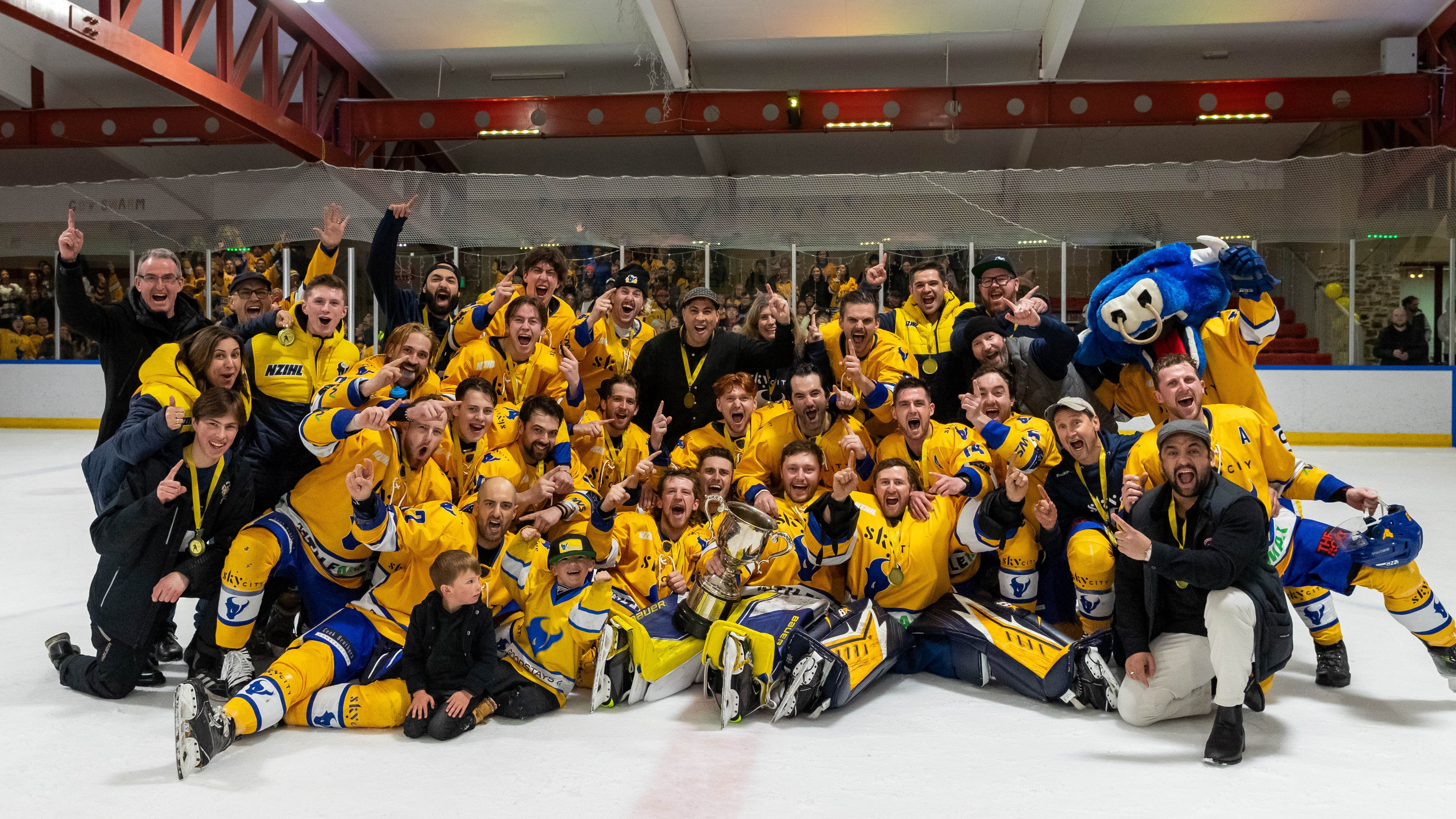Southern Stampede players celebrate winning the Birgel Cup after a 2-0 sweep of the Botany Swarm...