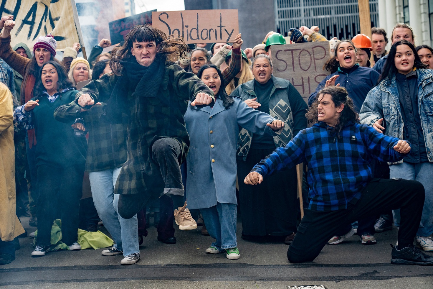 Te Atarau Cassidy leads the haka Ko Kāi Tahu E Haruru Nei in the movie Uproar. Photos: supplied