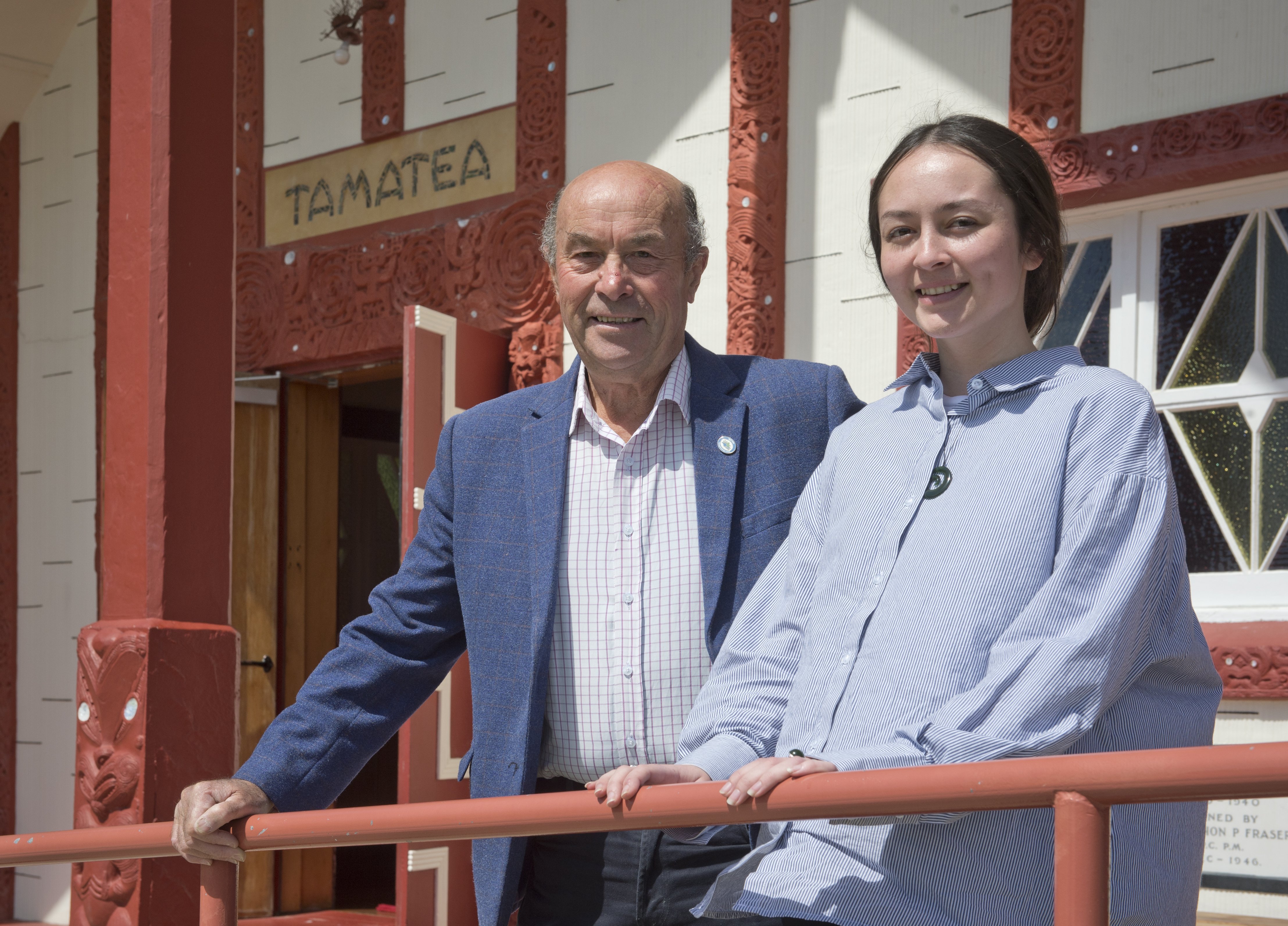 Edward Ellison and Otago Daily Times reporter Ani Ngawhika outside Tamatea wharenui at the Ōtākou...