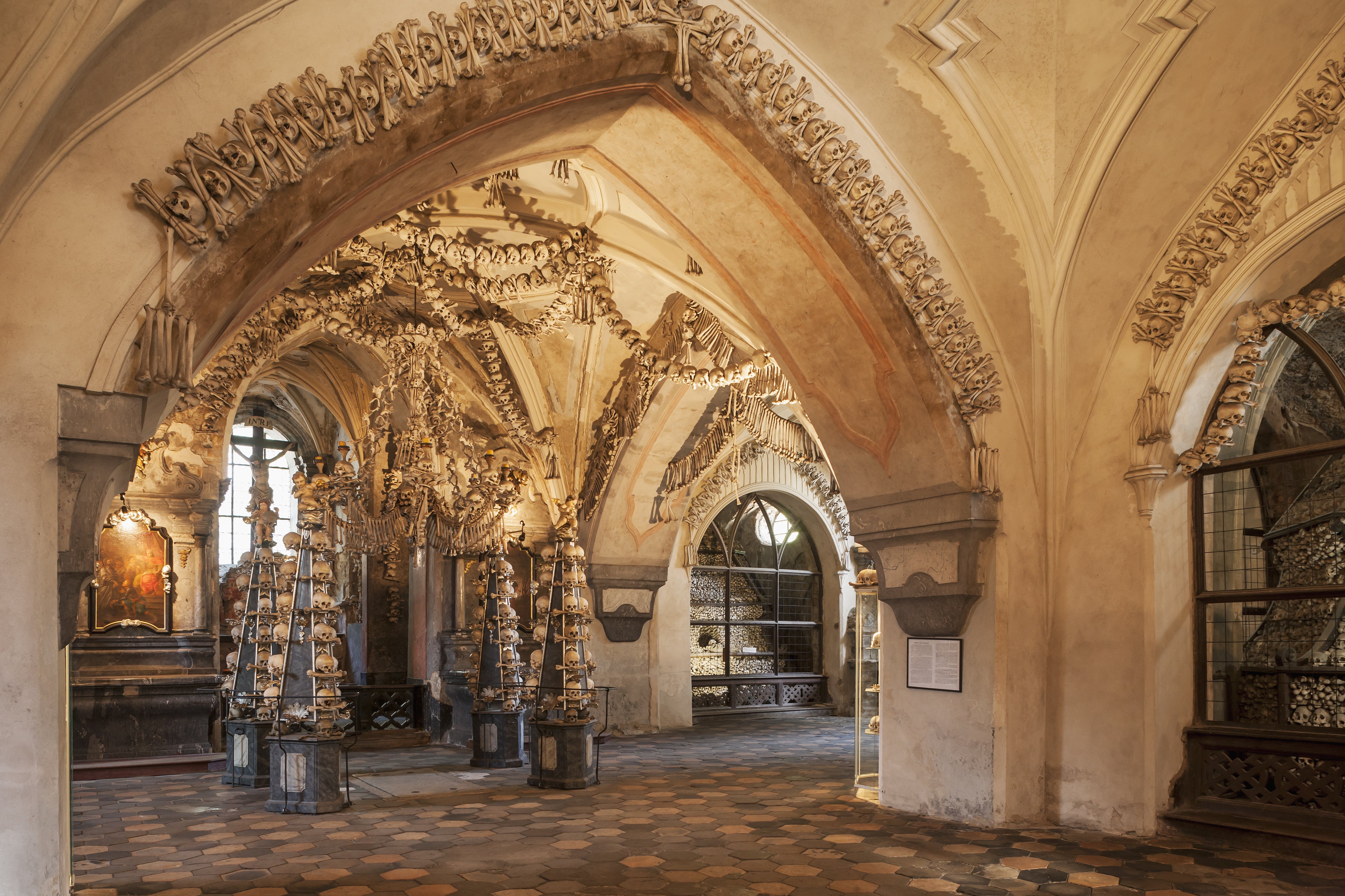 Bones and skulls are worked into the fabric of the chapel at Sedlec Ossuary. 